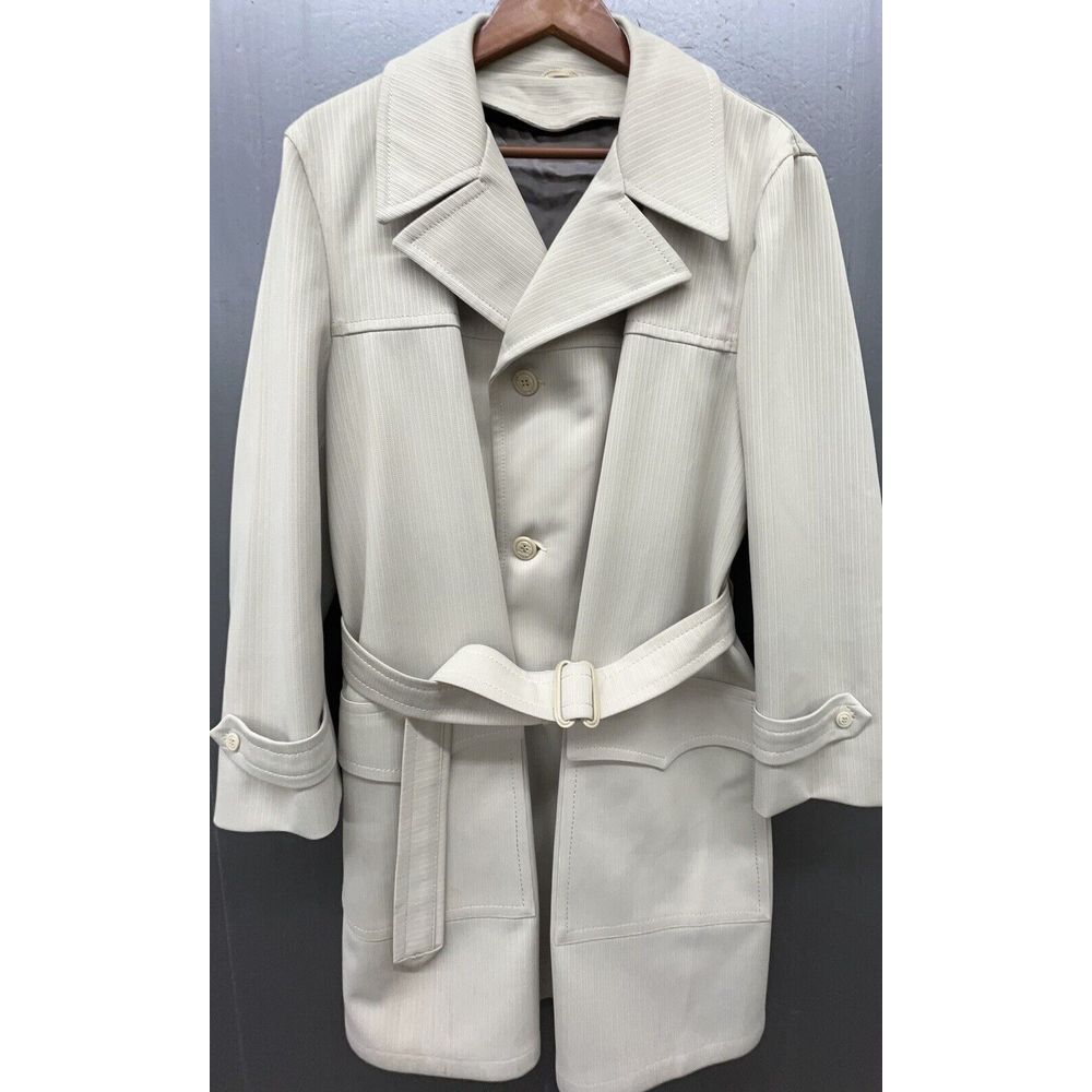 Silver Cloud Trench Over Coat Men 42L Beige‎ Raschel Knit Belt Pockets Lined
